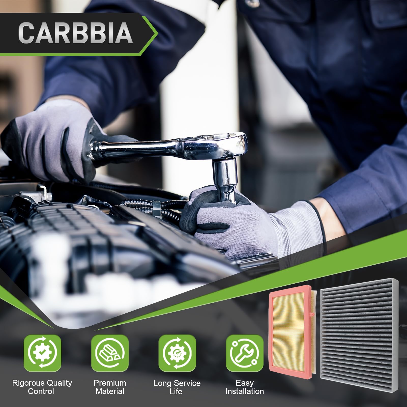 CARBBIA filters beside ruler showing scale for confident sizing and fitment