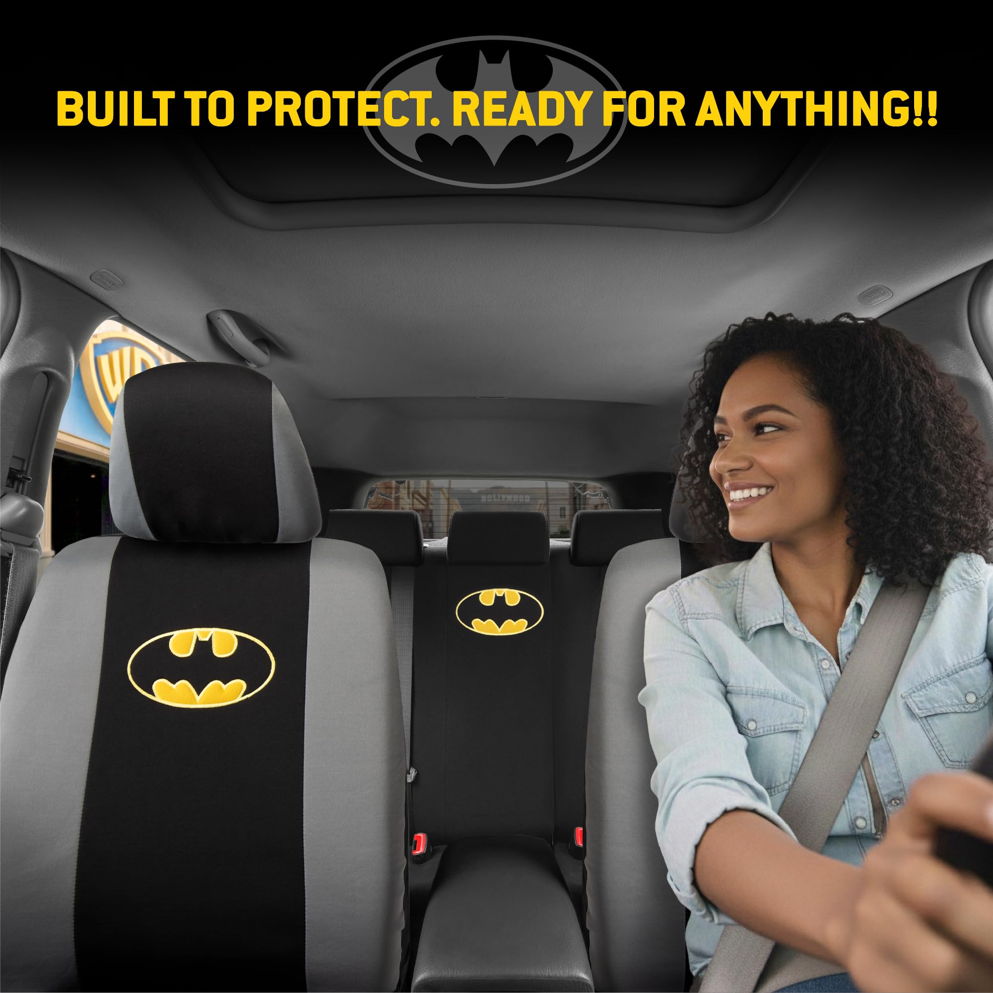 Carbella Batman front seat close-up highlighting logo and durable protection