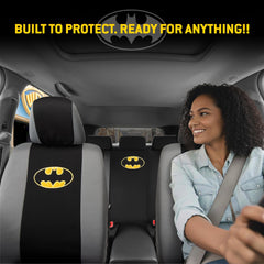 Carbella Batman front seat close-up highlighting logo and durable protection