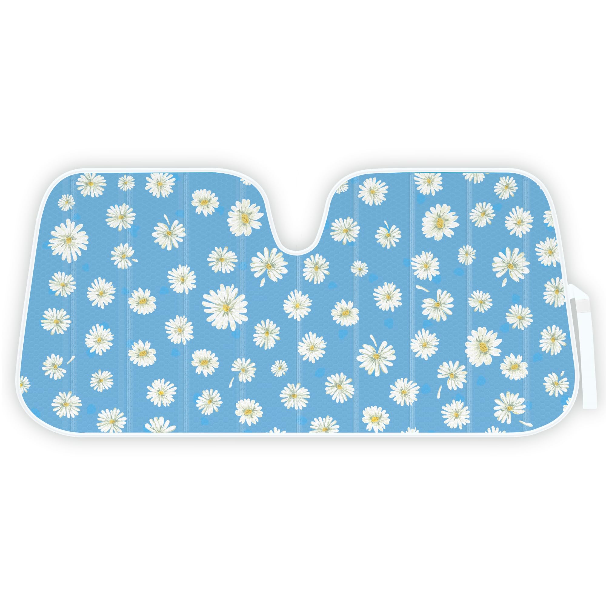 Carbella blue daisy front view showing full floral sunshade and fit benefit