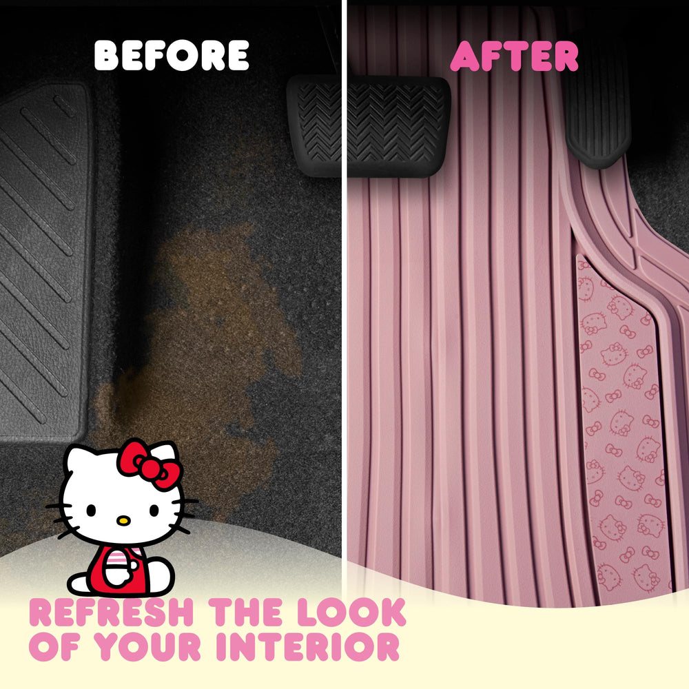 Carbella Hello Kitty mat being rinsed to show quick cleaning and waterproof benefit
