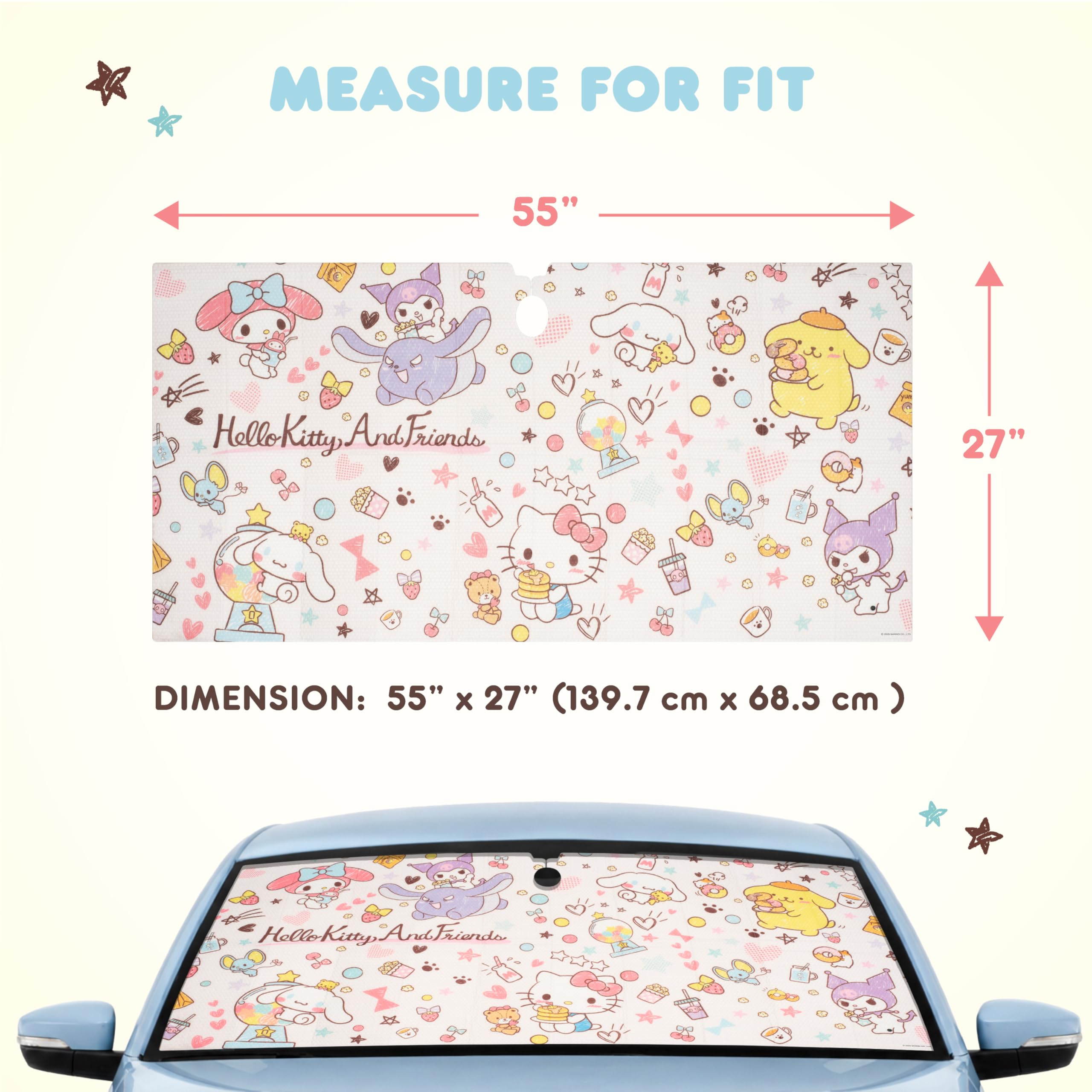 Carbella Hello Kitty folded next to sunglasses showing compact vertical storage advantage