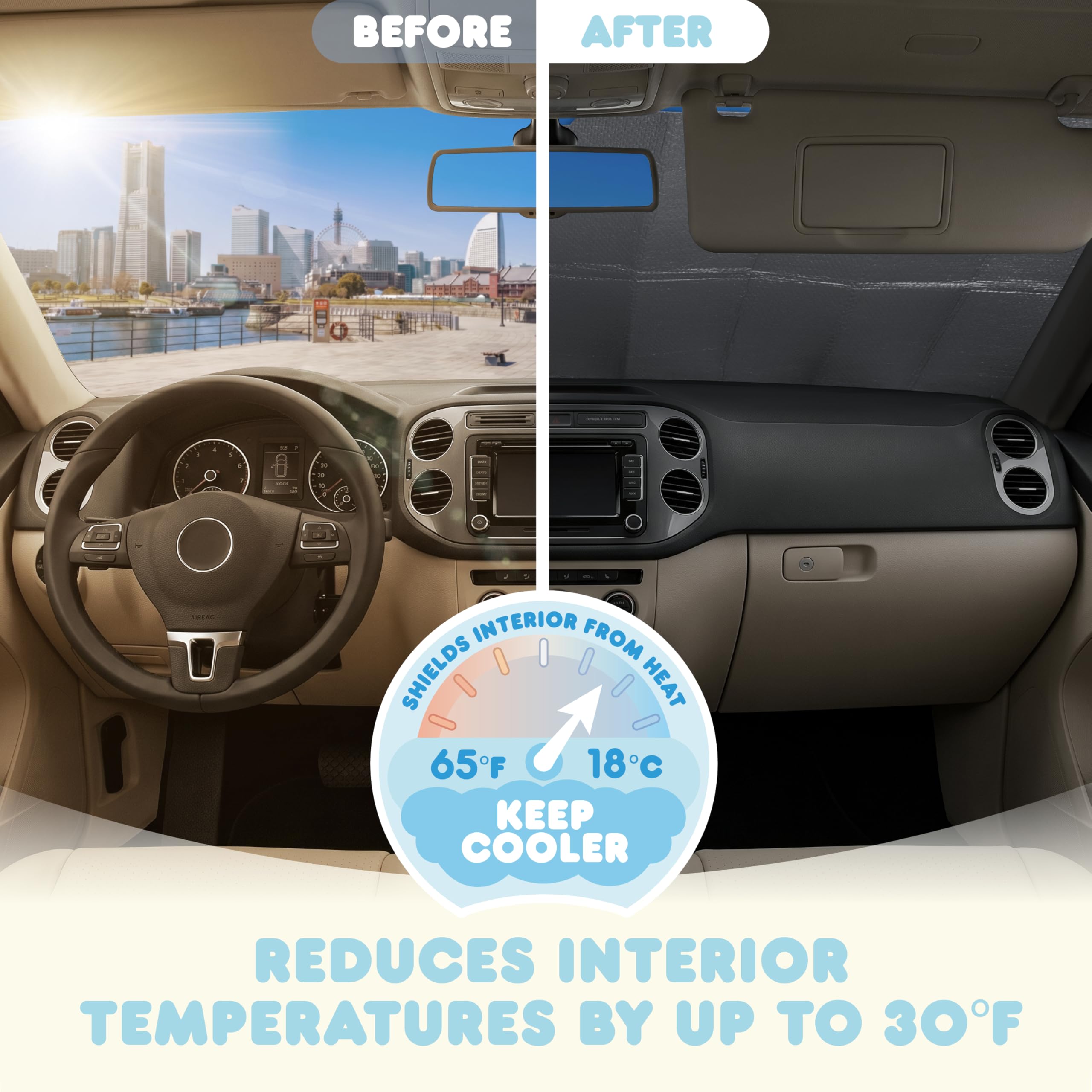 Carbella Hello Kitty installed in windshield demonstrating interior heat reduction