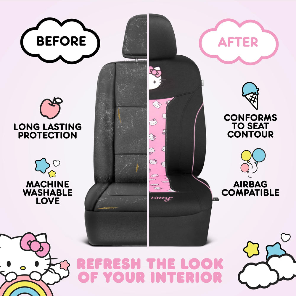 Carbella Hello Kitty cover protecting seat with child seat positioned on top