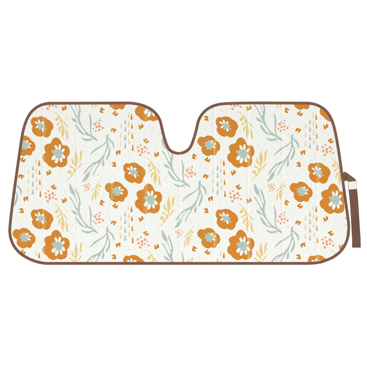 Carbella front view showing orange floral sunshade protecting windshield and cooling cabin