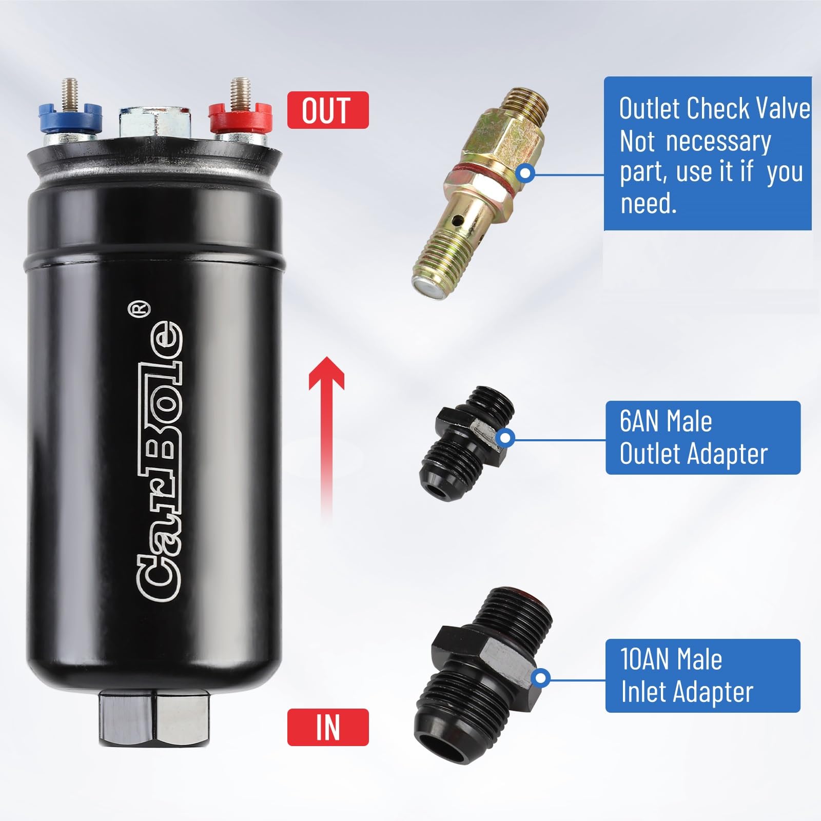 CarBole inlet 10AN and outlet 6AN adapters for simple plumbing integration