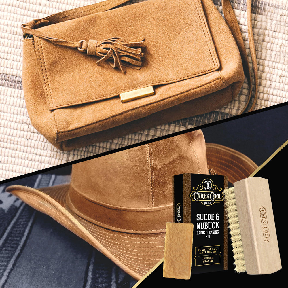 Care & Cool kit placed with a suede jacket for on-the-go care