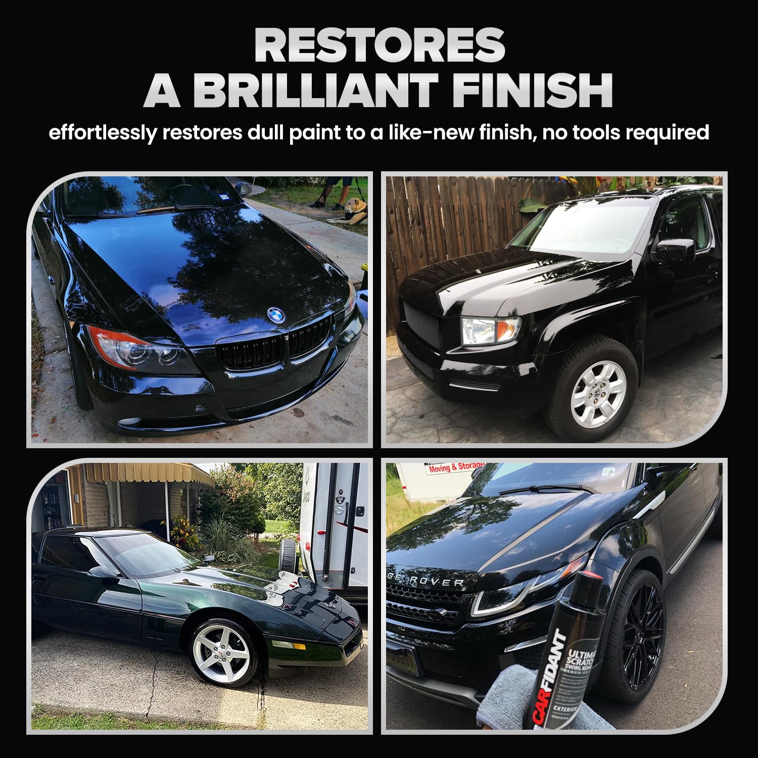 Carfidant before and after hood comparison showing restored gloss and visible scratch reduction