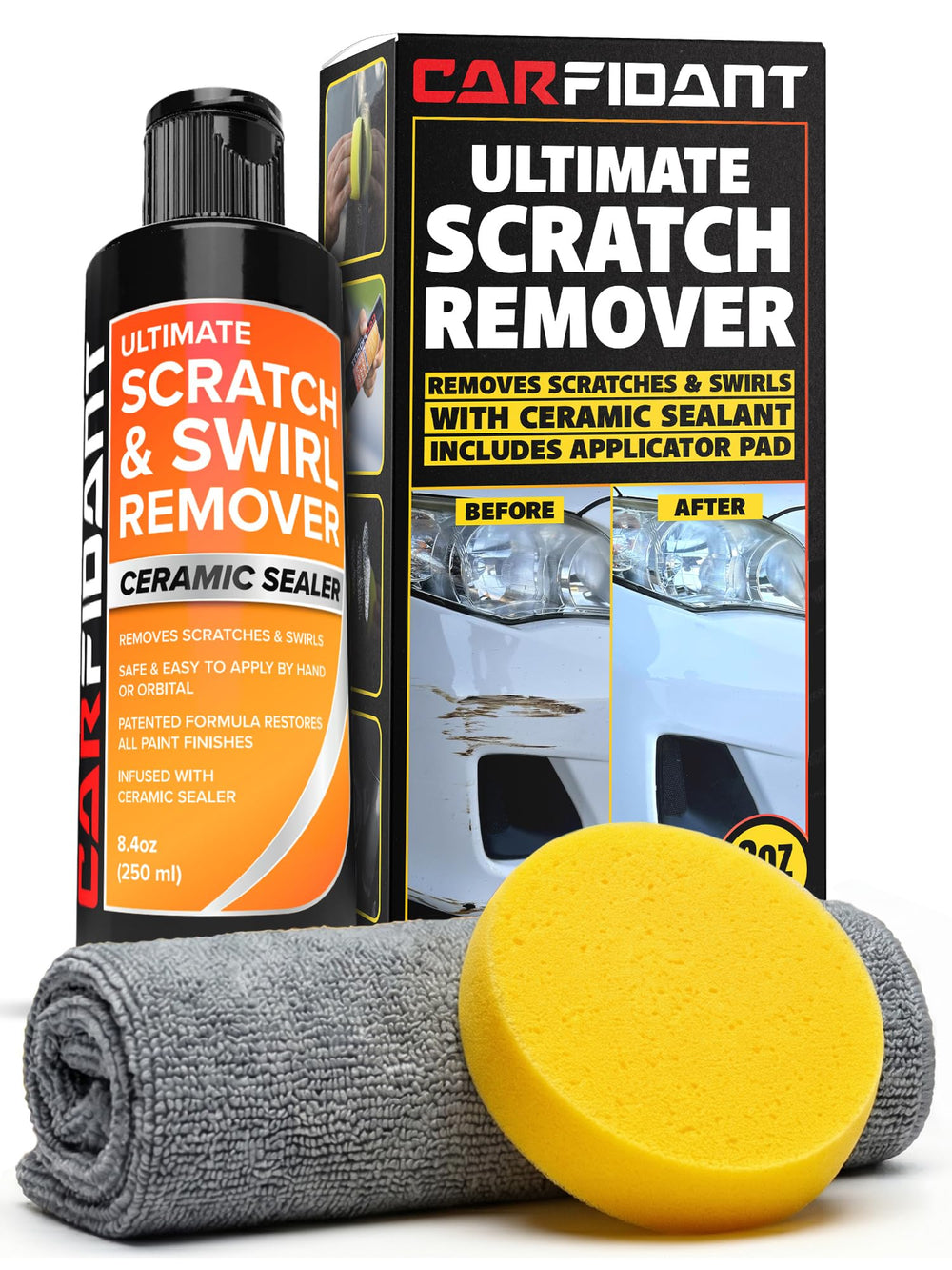 Carfidant front label on bottle showing kit benefits and usage