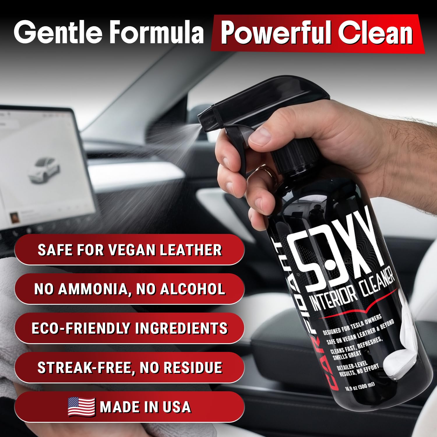 Carfidant spray applied to towel while cleaning driver seat for safe usage