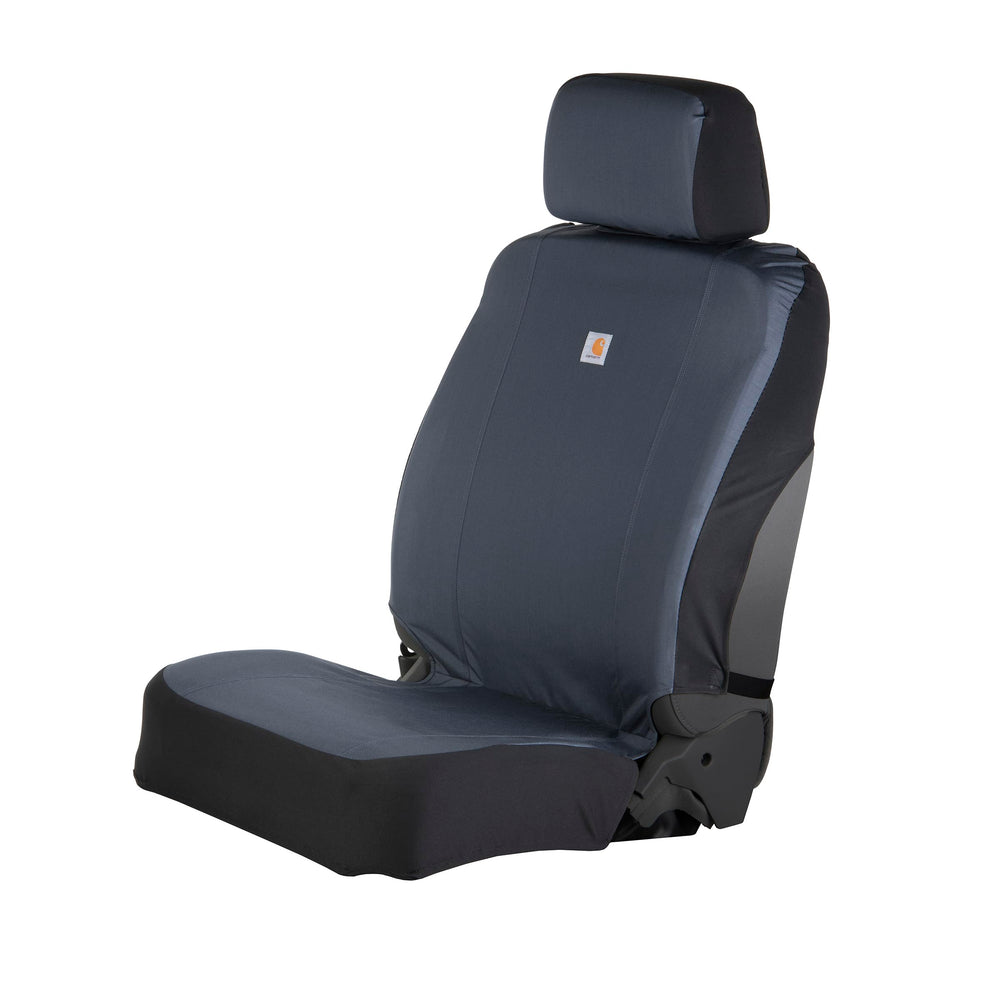 Carhartt front seat cover bluestone showing full protection and easy-clean benefit