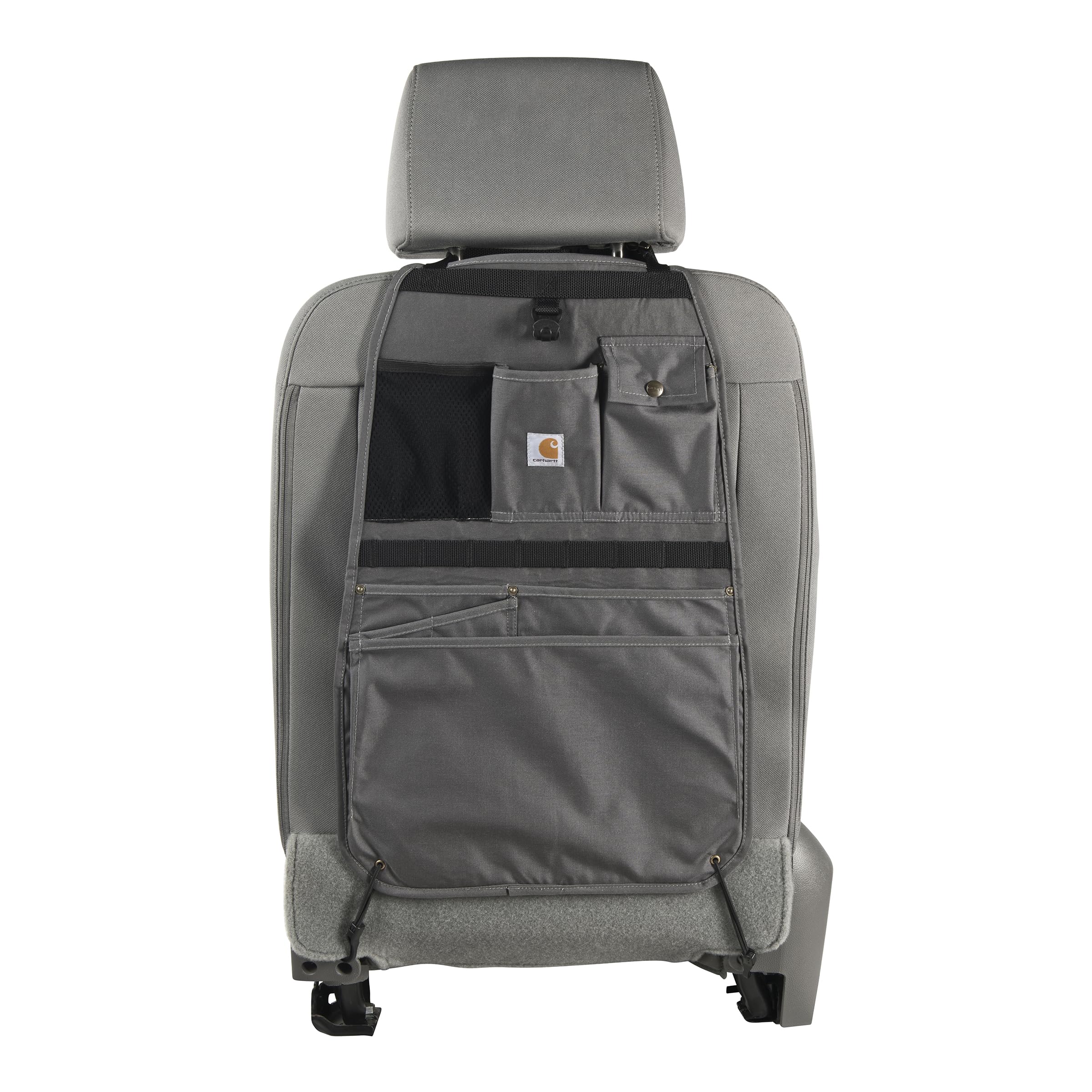 Carhartt front view of organizer shows 8 pockets for tidy storage