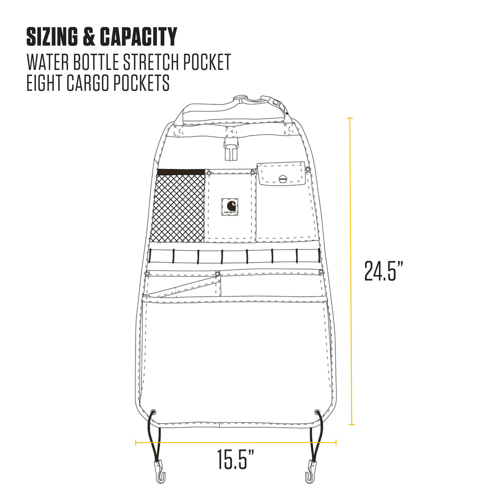 Carhartt organizer in a truck interior keeping tools and bottles reachable