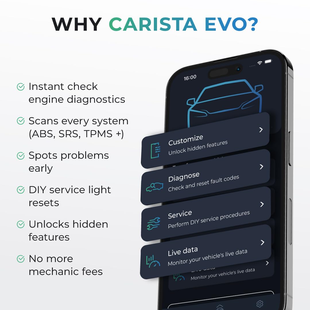 Carista EVO plugged into vehicle OBD2 port demonstrating quick installation