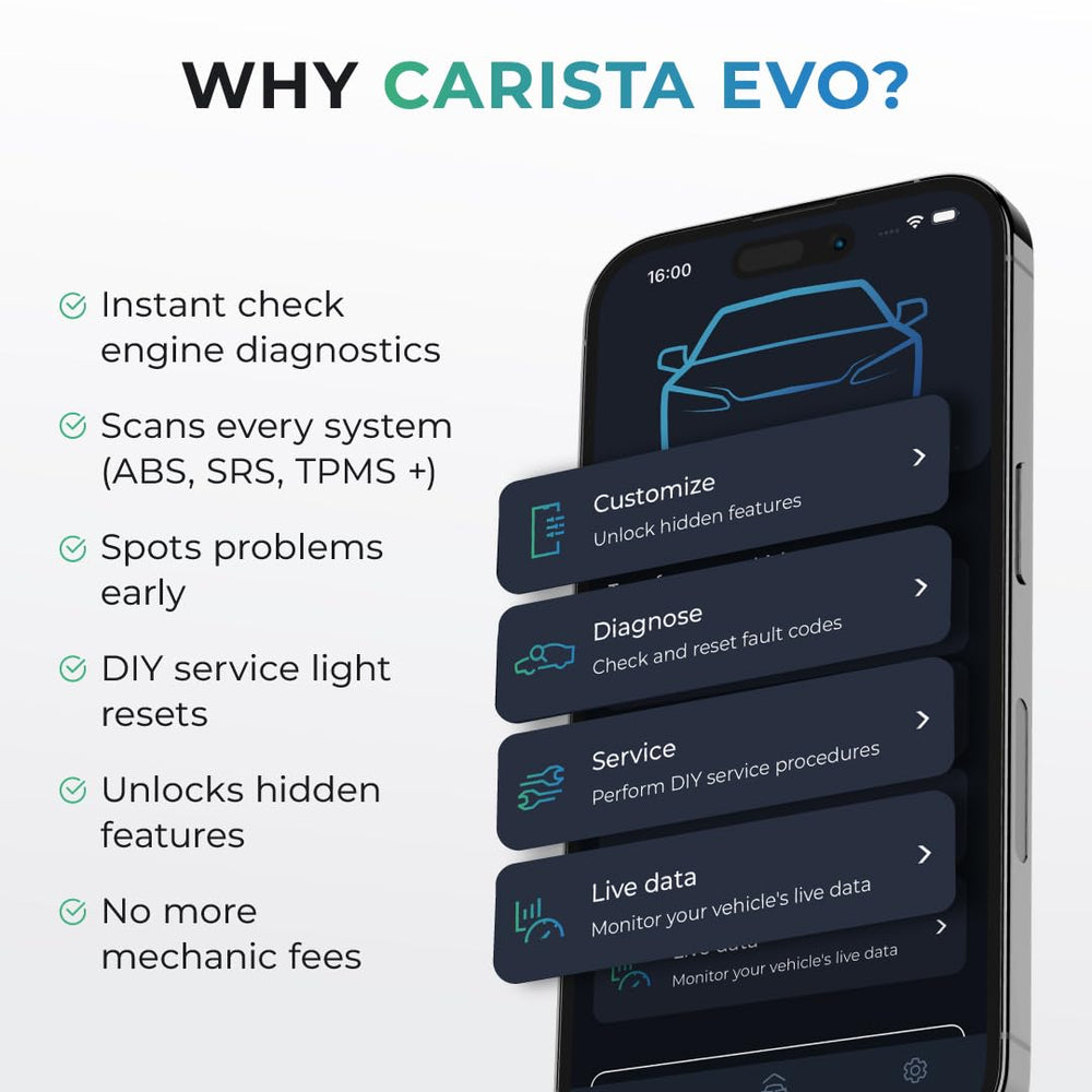 Carista EVO plugged into vehicle OBD2 port demonstrating quick installation