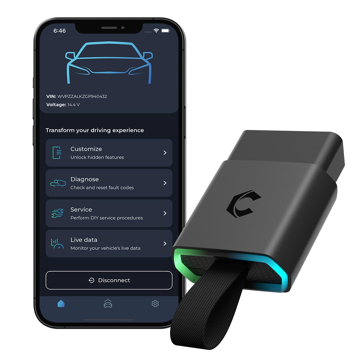 Carista EVO front view showing compact Bluetooth OBD2 adapter and portability