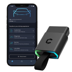 Carista EVO front view showing compact Bluetooth OBD2 adapter and portability