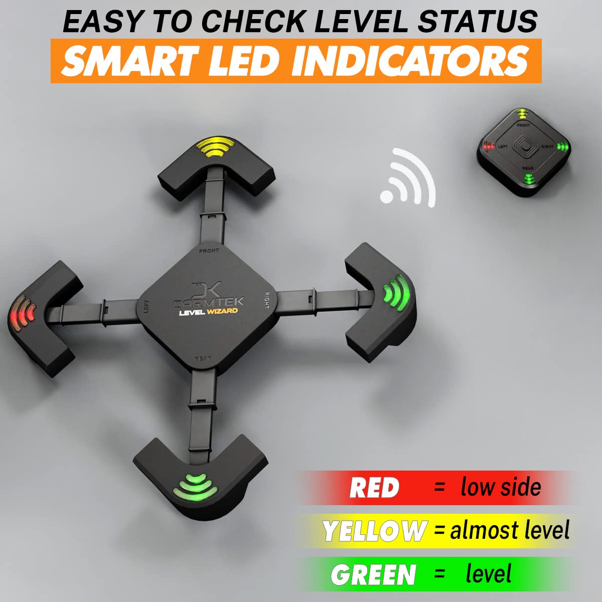 CARMTEK Level Wizard in use beside RV wheel showing guided height adjustment