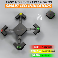 CARMTEK Level Wizard in use beside RV wheel showing guided height adjustment