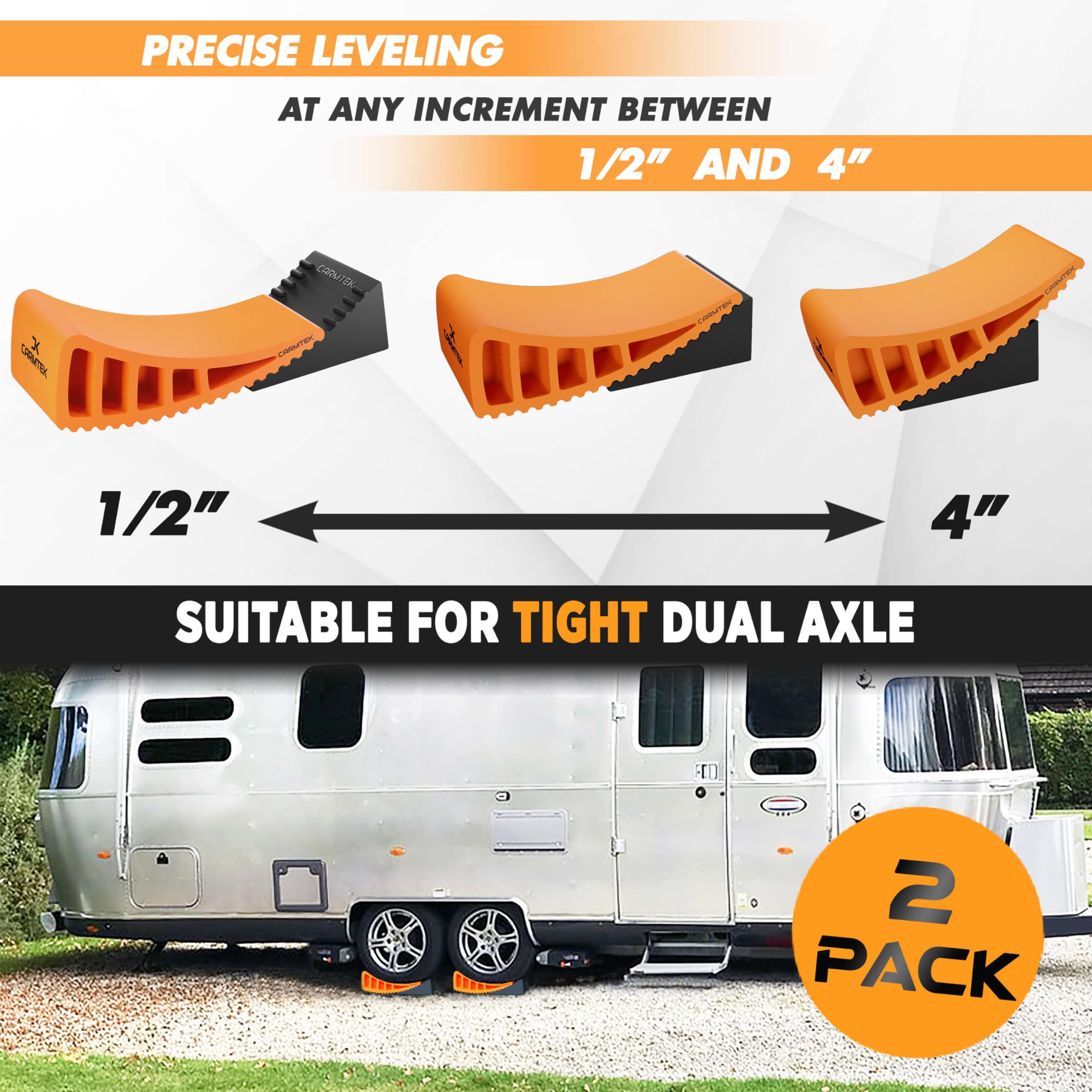 CARMTEK leveler at a campsite showing stable trailer and faster setup