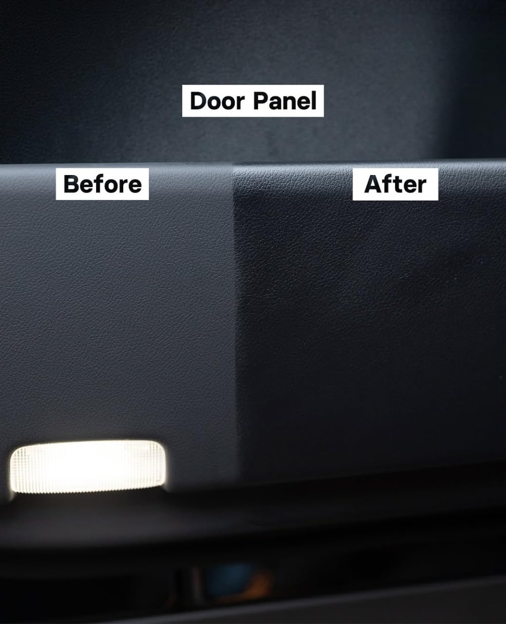 CARPRO PERL on tire trim before and after, showing restored color and non-greasy sheen