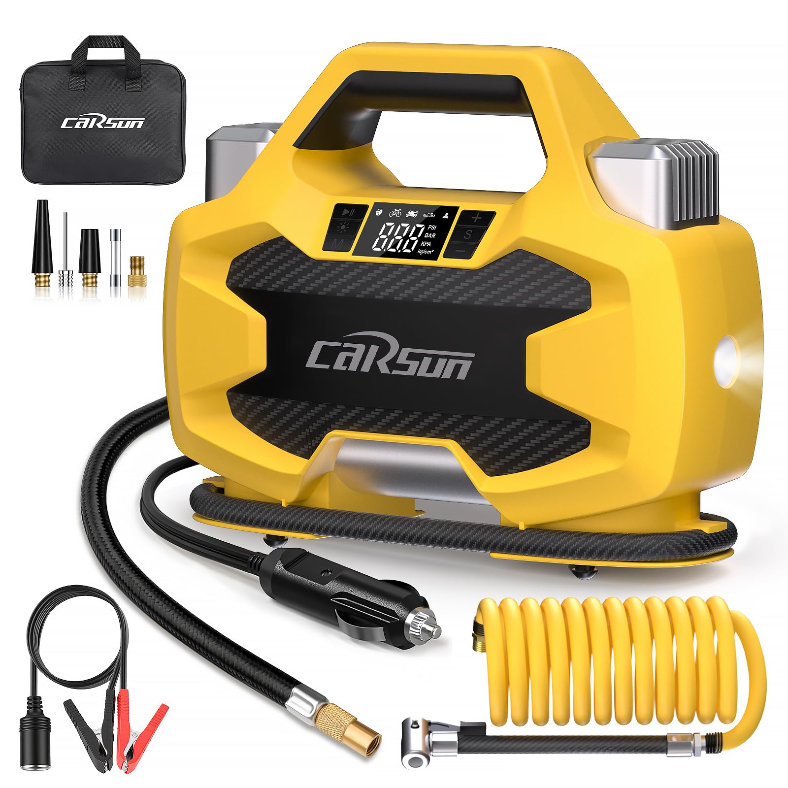CARSUN front view of compressor showing portable handle and sturdy casing for reliable transport