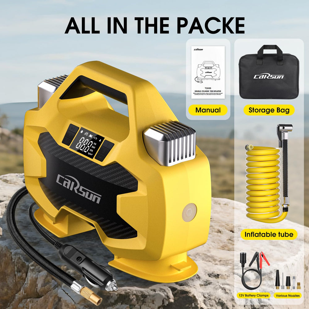 CARSUN inflator connected to an SUV tire demonstrating fast inflation and on-road usefulness