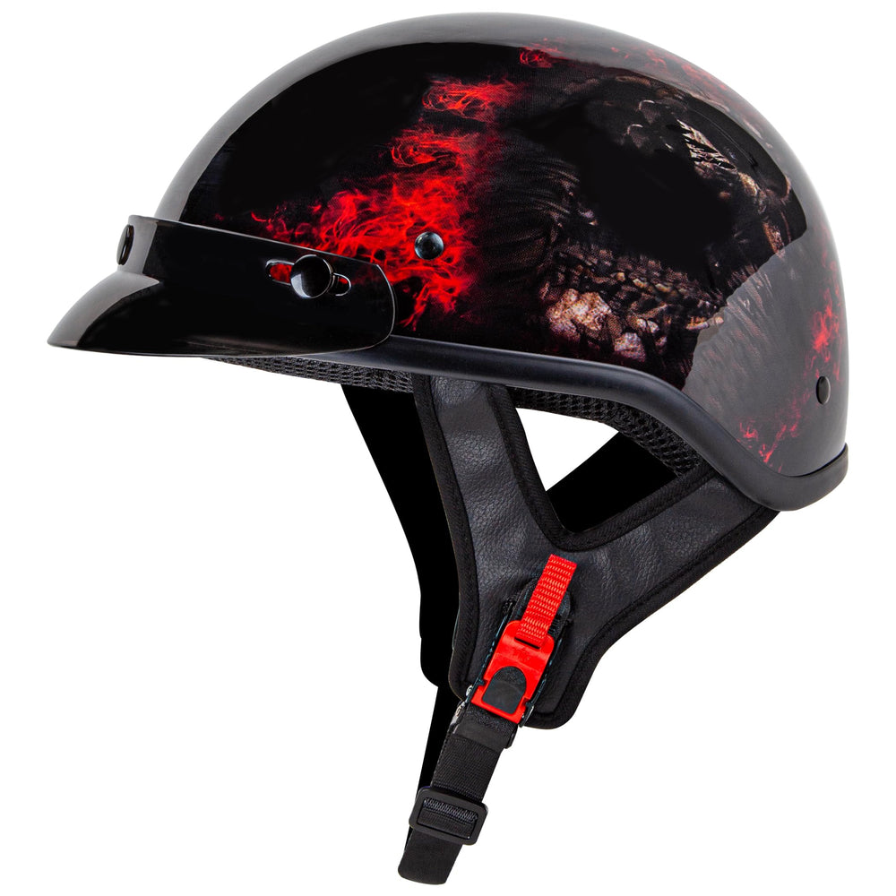CARTMAN helmet front view showing red skull graphic and DOT badge for style and compliance