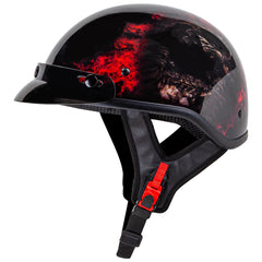 CARTMAN helmet front view showing red skull graphic and DOT badge for style and compliance