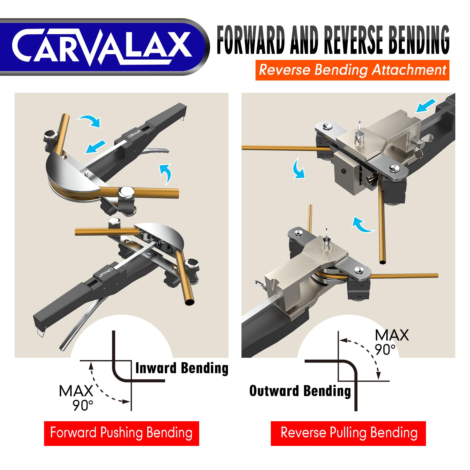CARVALAX lineup of seven bender heads illustrating supported tube sizes