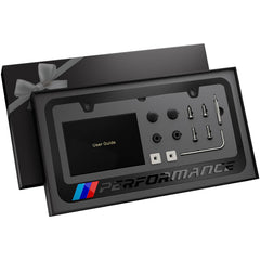 Carvenluxe front view of black license plate frame showing sleek finish and instant style