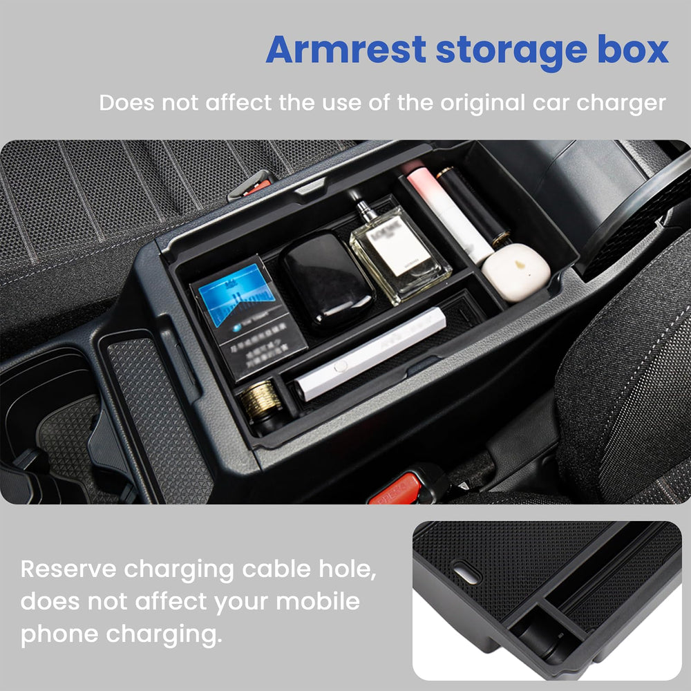 Carwiner armrest storage box open revealing partitions for organized items