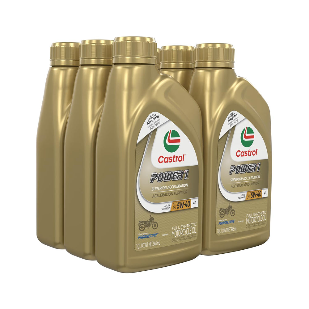 Castrol Power1 bottle beside a motorcycle in garage showing maintenance readiness