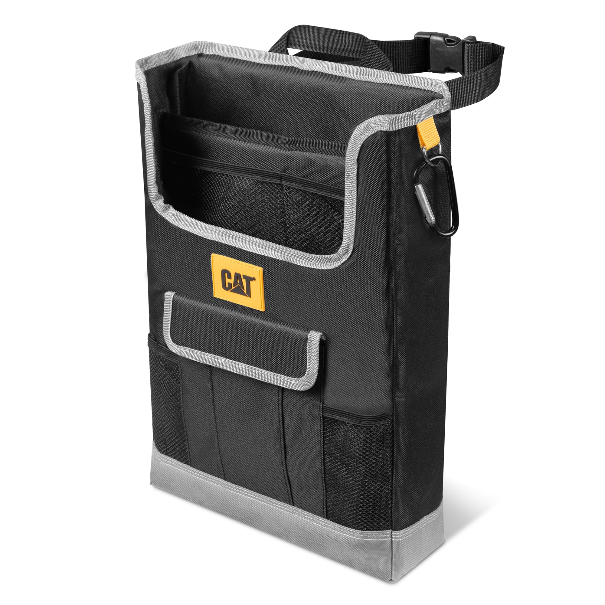 CAT front view of car seat organizer showing pockets and compact shape for tidy storage