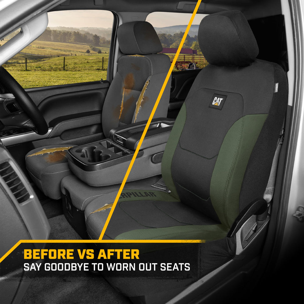 CAT seat cover next to measuring tape showing universal fit benefit