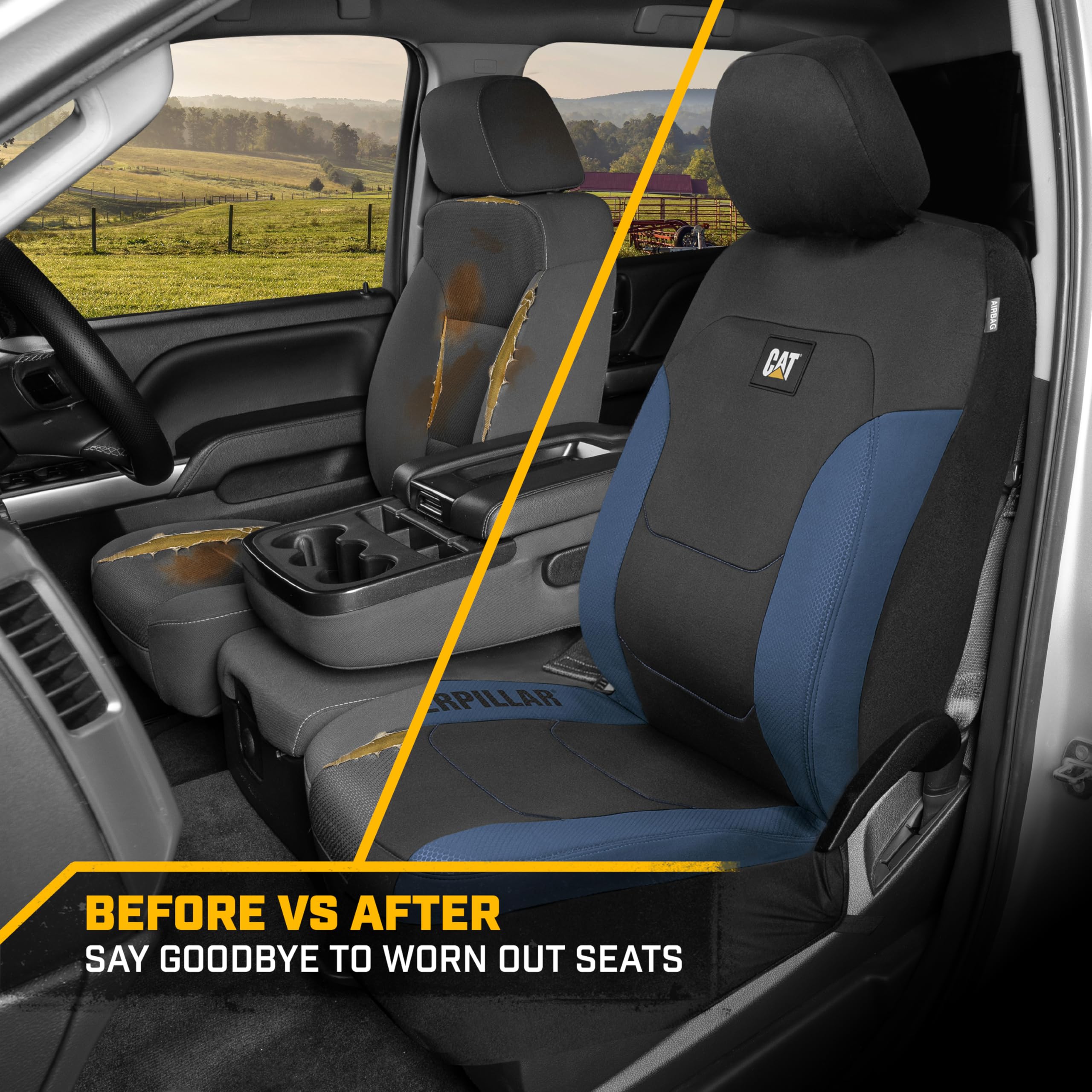 CAT seat cover with headrest for scale, showing fit across seat sizes