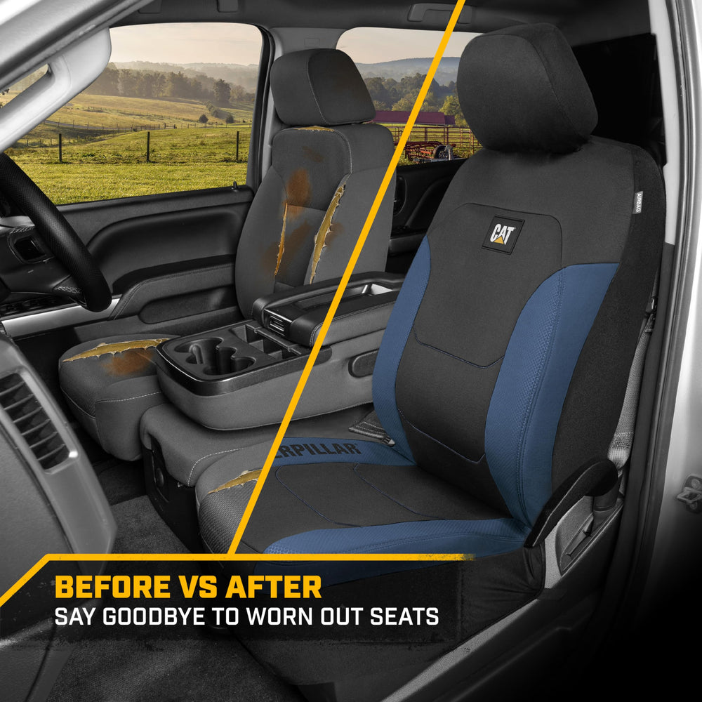 CAT seat cover with headrest for scale, showing fit across seat sizes