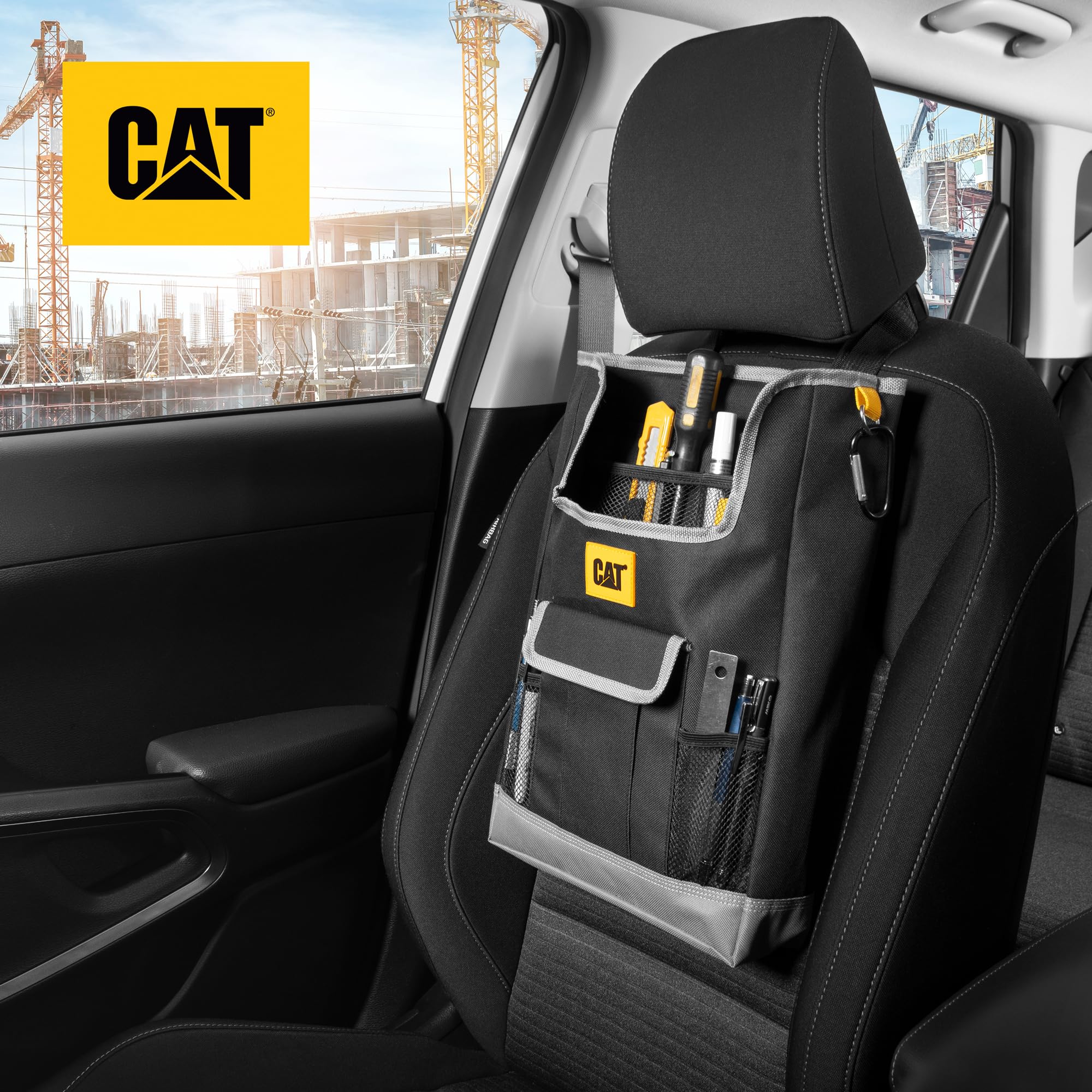 CAT mounted organizer on car seat demonstrating secure fit and easy reach
