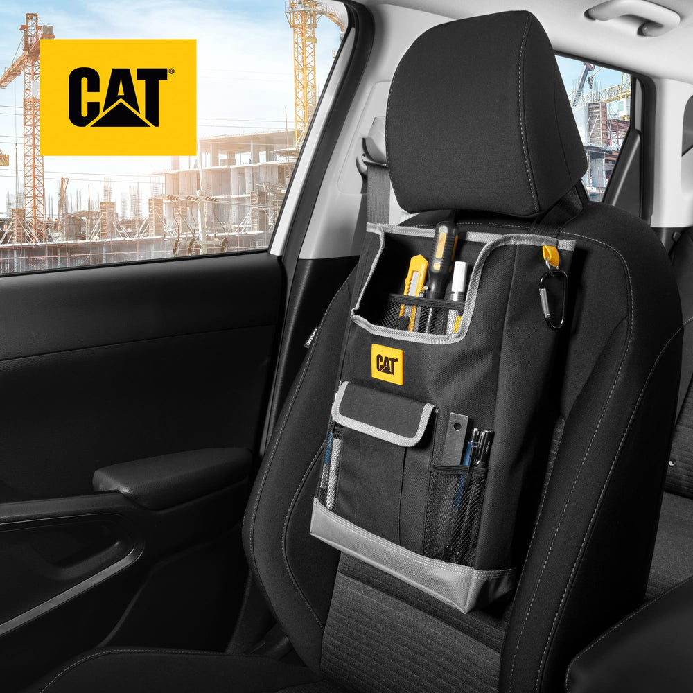 CAT mounted organizer on car seat demonstrating secure fit and easy reach