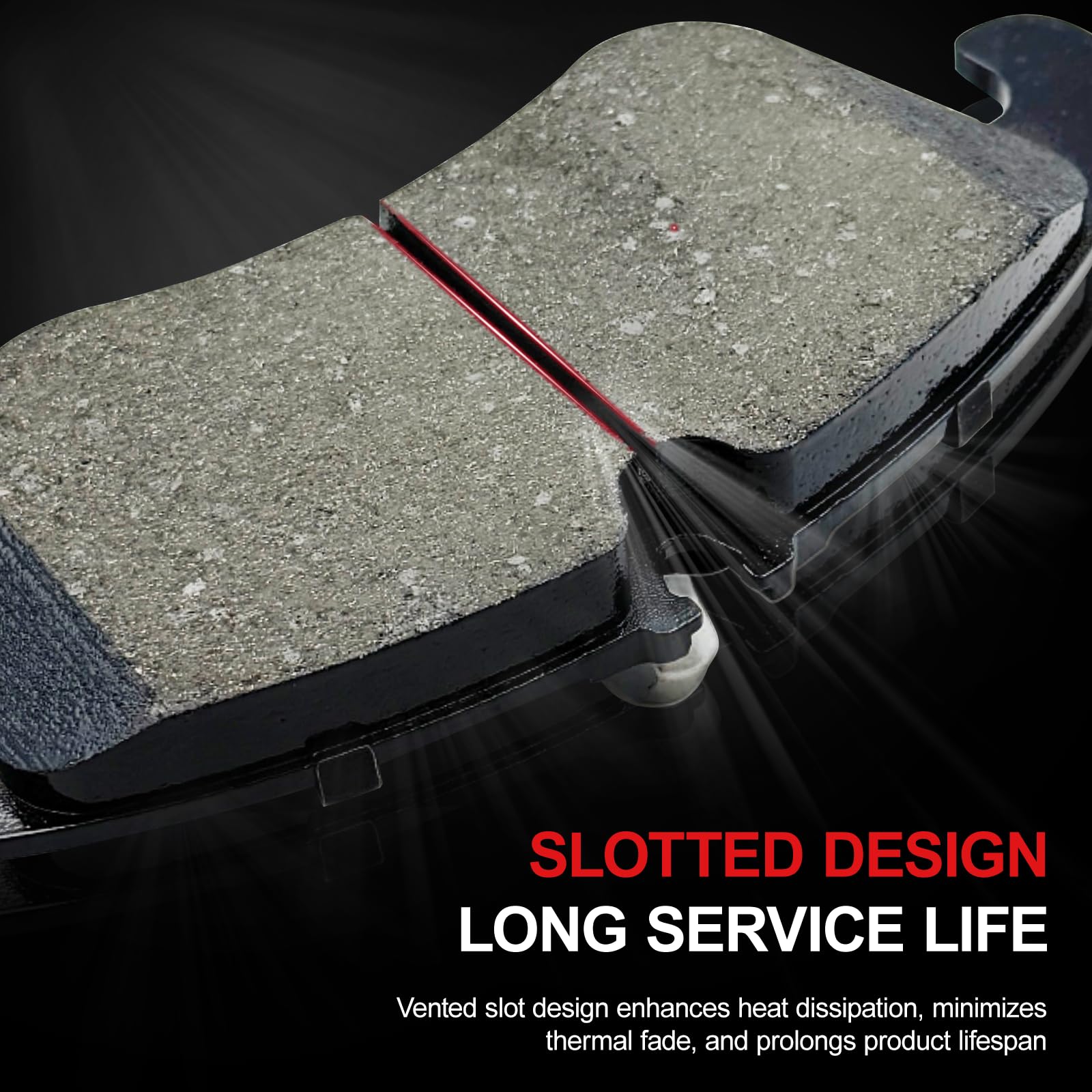 CCTECHMASS rear pads close-up highlighting quiet ceramic blend benefit