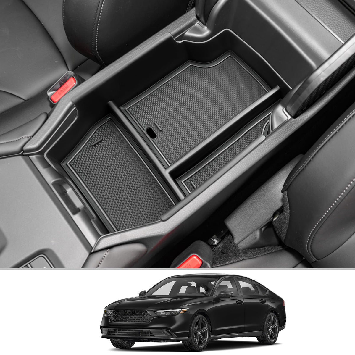 CDEFG front view of center console tray showing clean fit and added organization