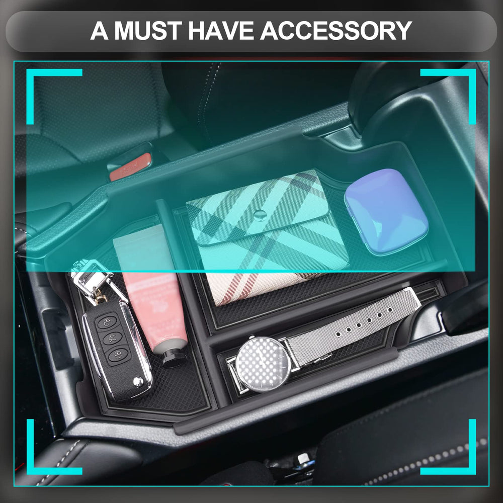 CDEFG installed tray inside console under open lid showing neat storage benefit