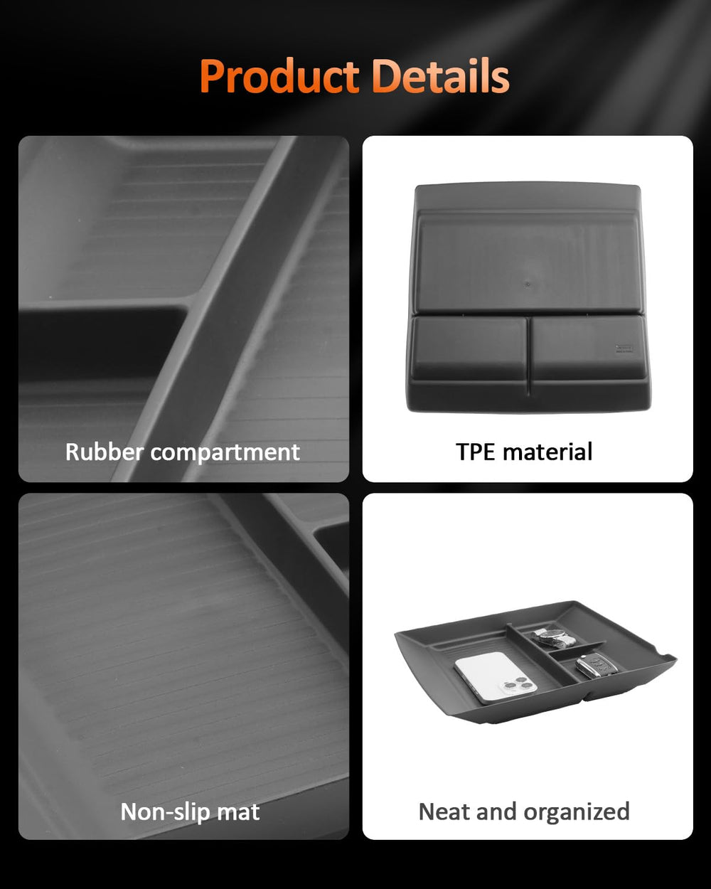CDEFG tray with phone, keys, coins illustrating easy item separation