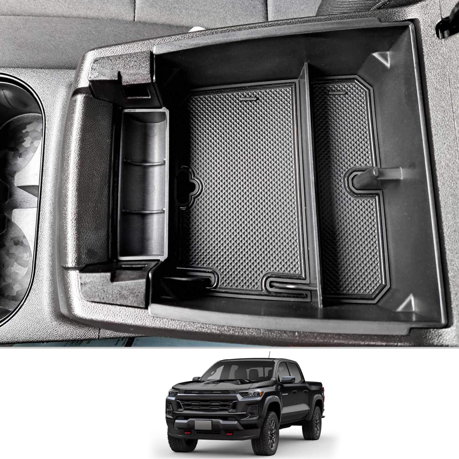 CDEFG front view of center console tray showing neat organization benefit