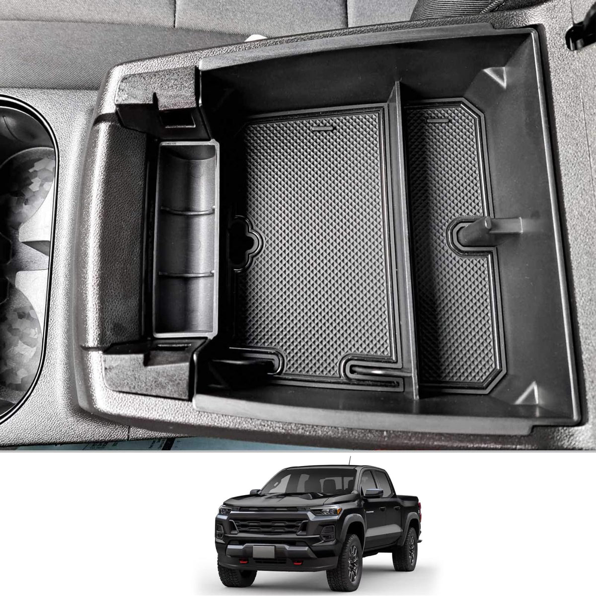 CDEFG front view of center console tray showing neat organization benefit