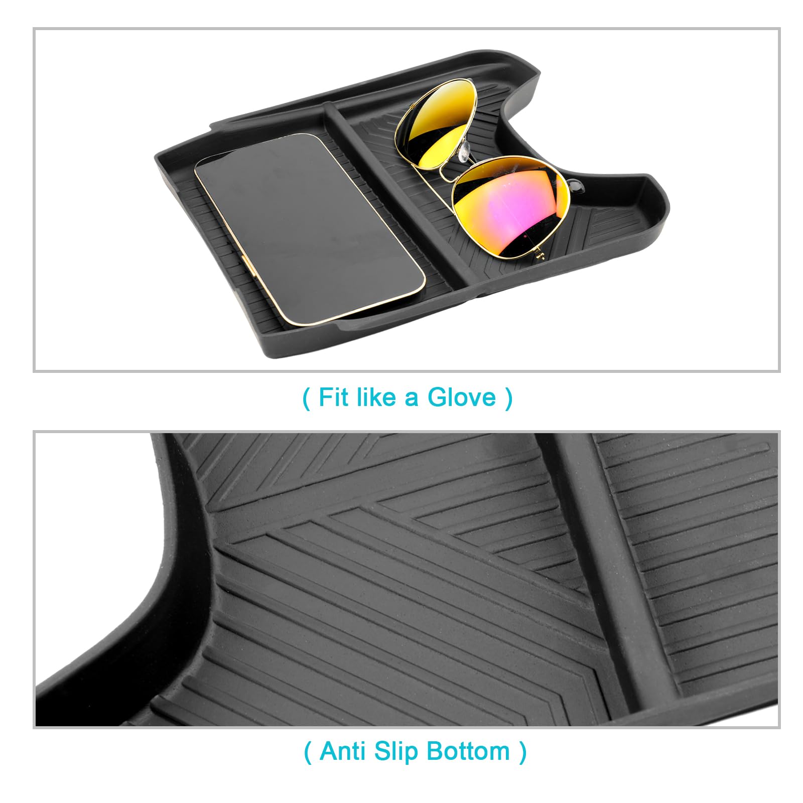 CDEFG lower storage area holding phone and wallet to prevent items from falling