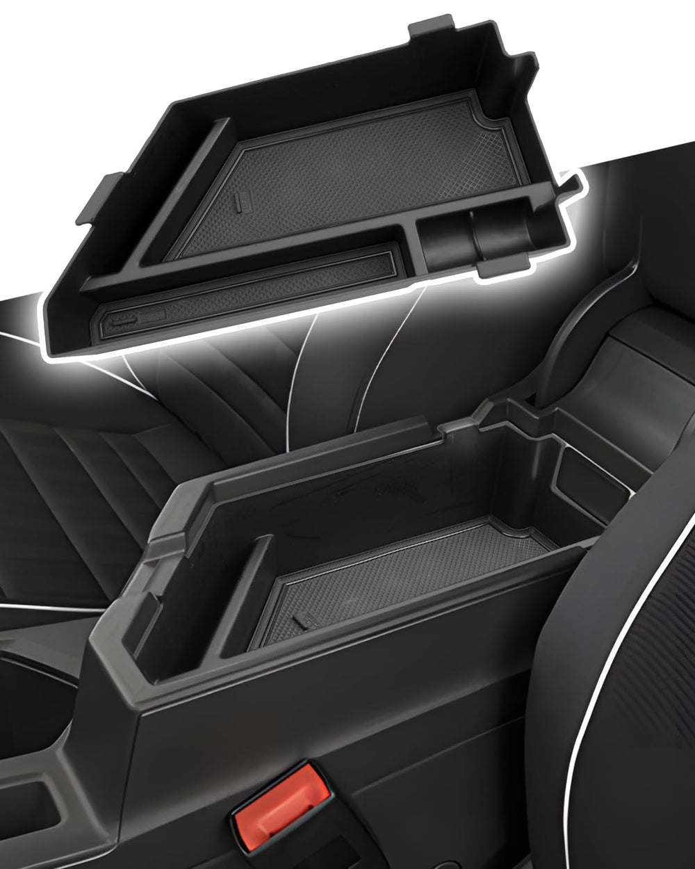 CDEFG front view of center console tray showing neat compartments and quick access