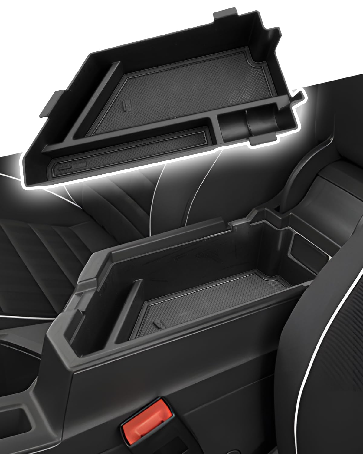 CDEFG front view of center console tray showing neat compartments and quick access