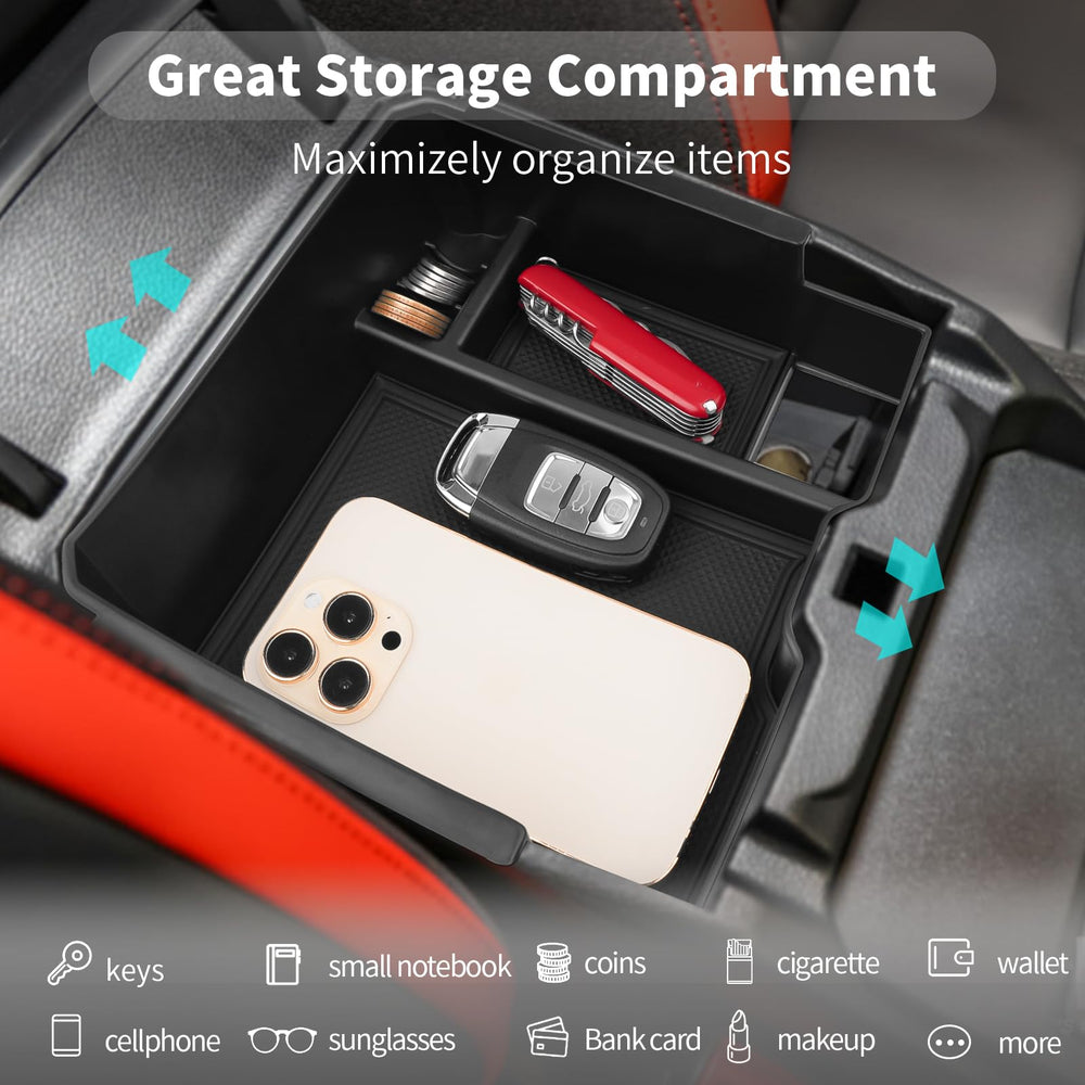 CDEFG organizer filled with phone and coins demonstrating organized compartments and convenience