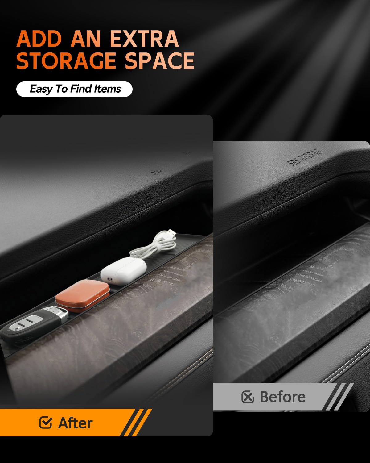 CDEFG tray holding phone and keys keeps items from sliding